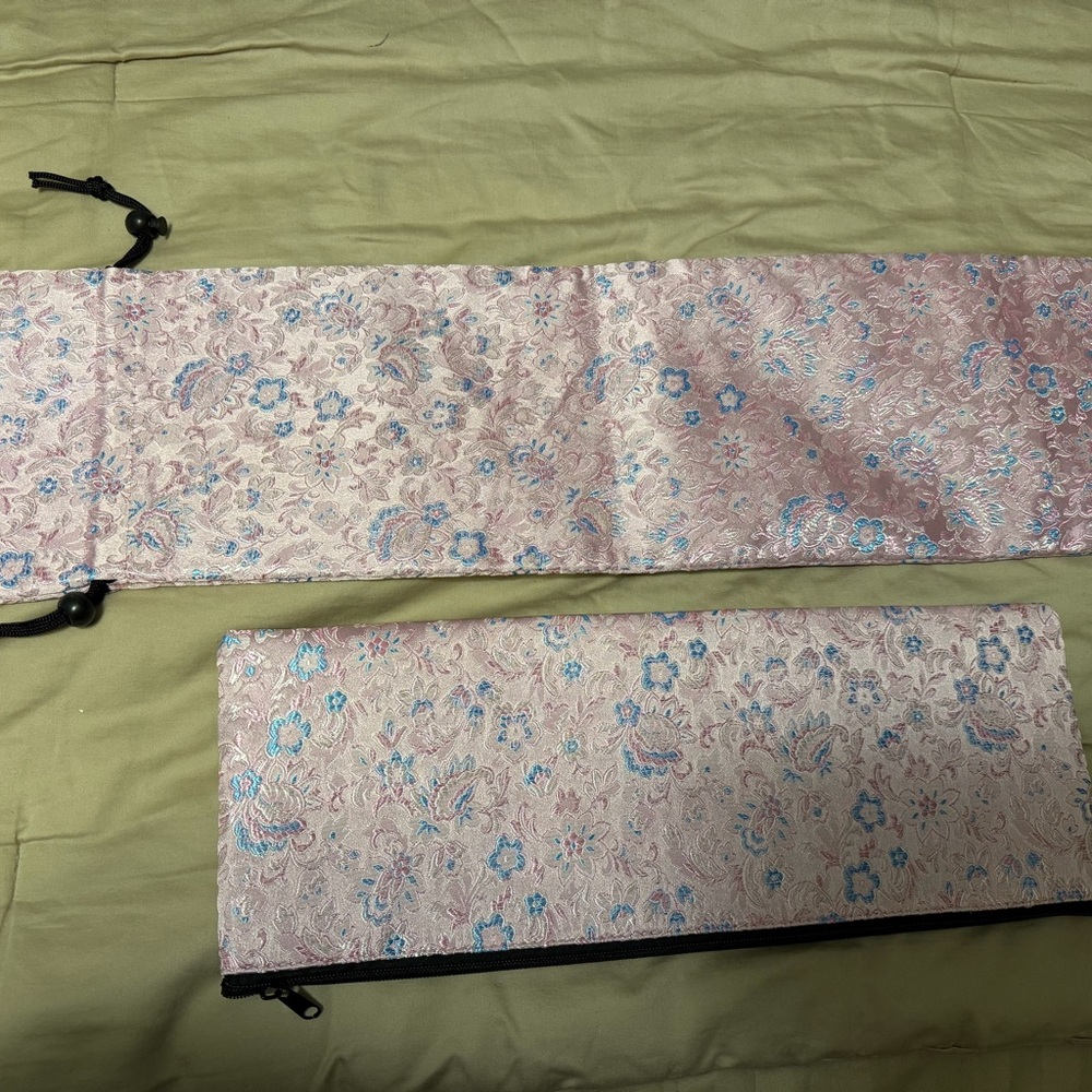Mahjong Bag Set… Floral Satin Zip Pouch and Matching Wrap - Pink and Blue